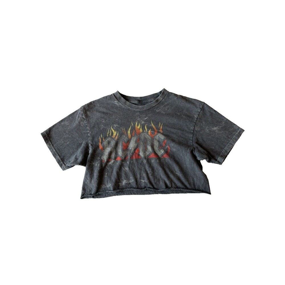 ACDC Shirt Womens Large Tie Dye Acid Wash Graphic Band Tee Crop Gray Grunge‎